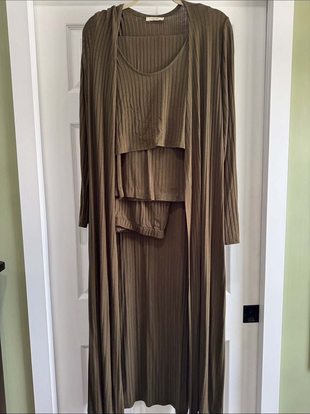 Olive Ribbed Maxi Dress with Matching Long Cardigan